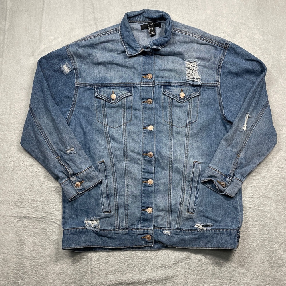 Forever 21 Denim Jacket Men Small Blue Distressed Ripped Trucker Jean Jacket